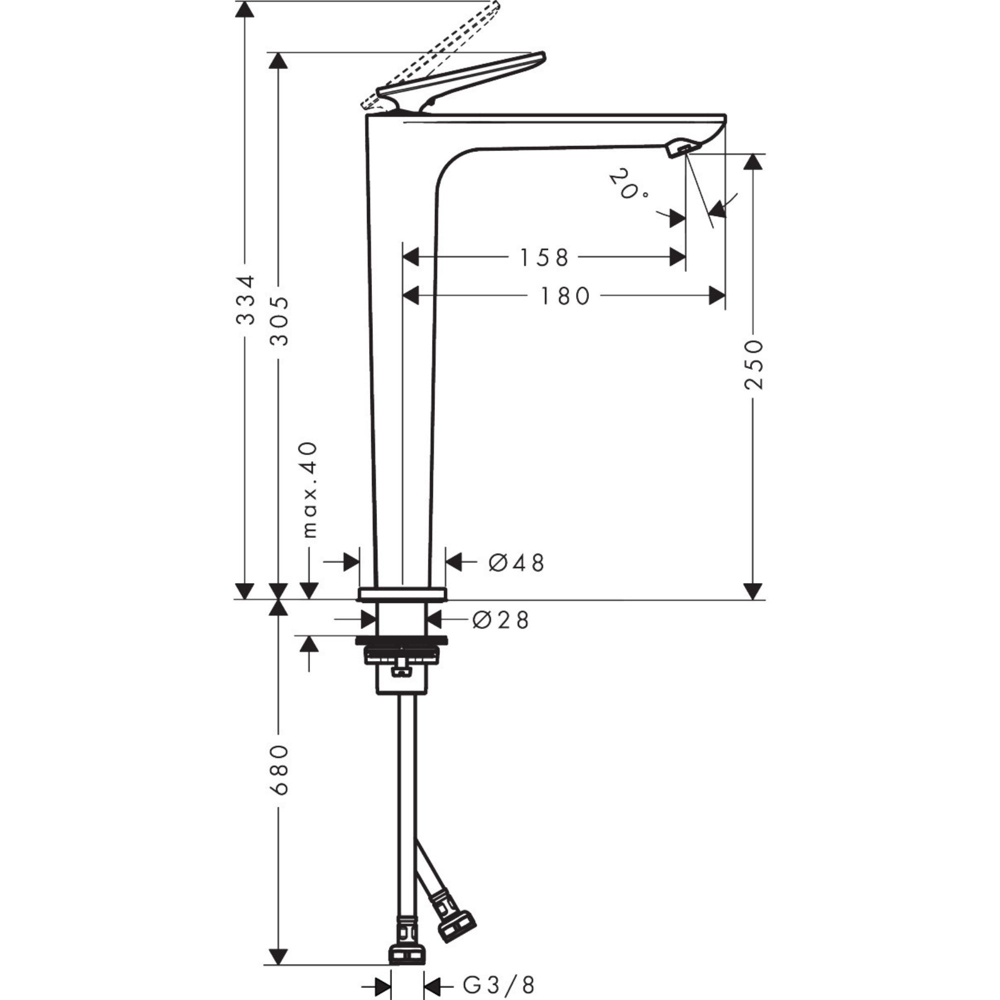 Axor Citterio C 250 Tall Basin Mixer Tap With Waste - Cubic Cut Technical Drawing