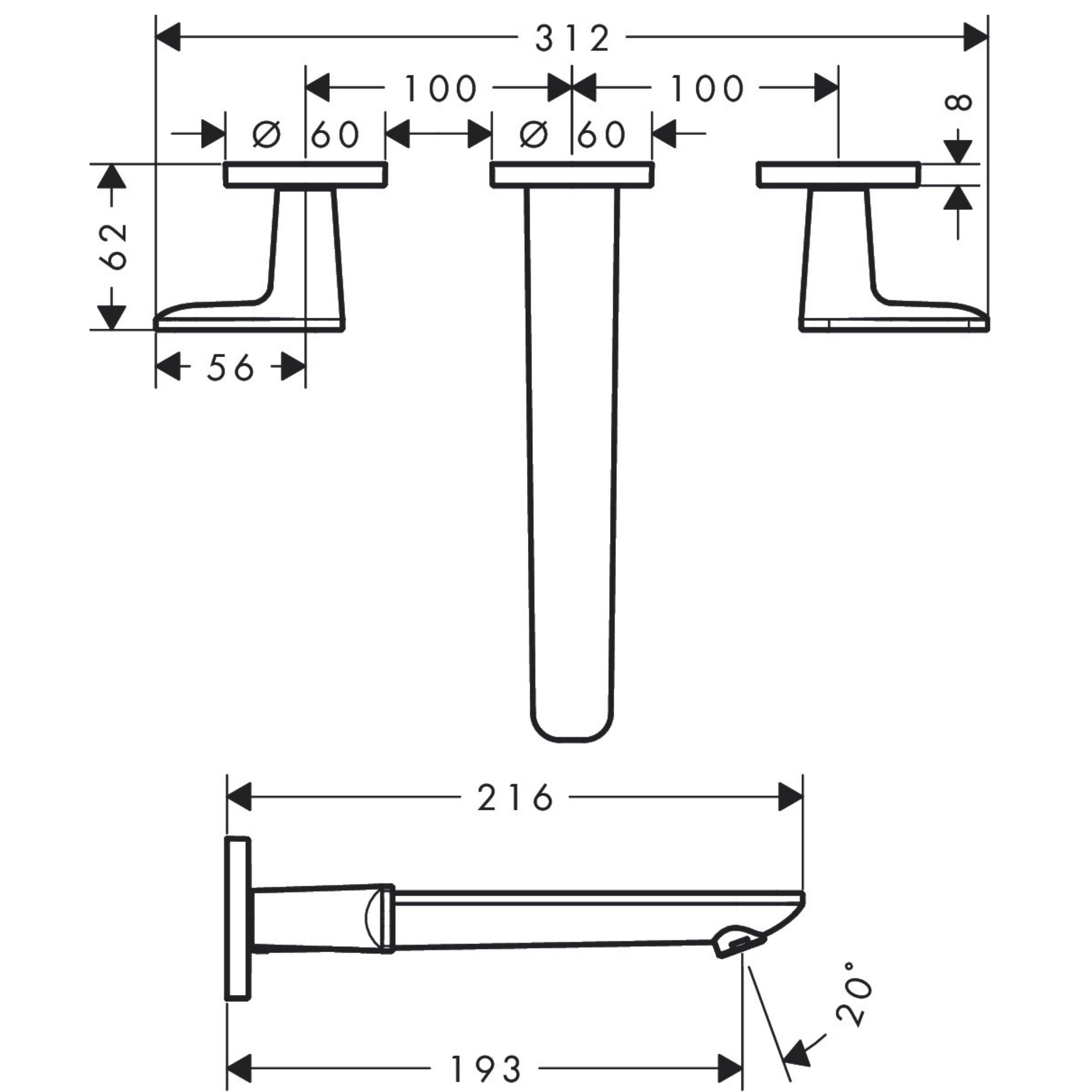 Axor Citterio C 3 Hole Wall Mounted Basin Mixer Tap With Waste - Cubic Cut Technical Drawing