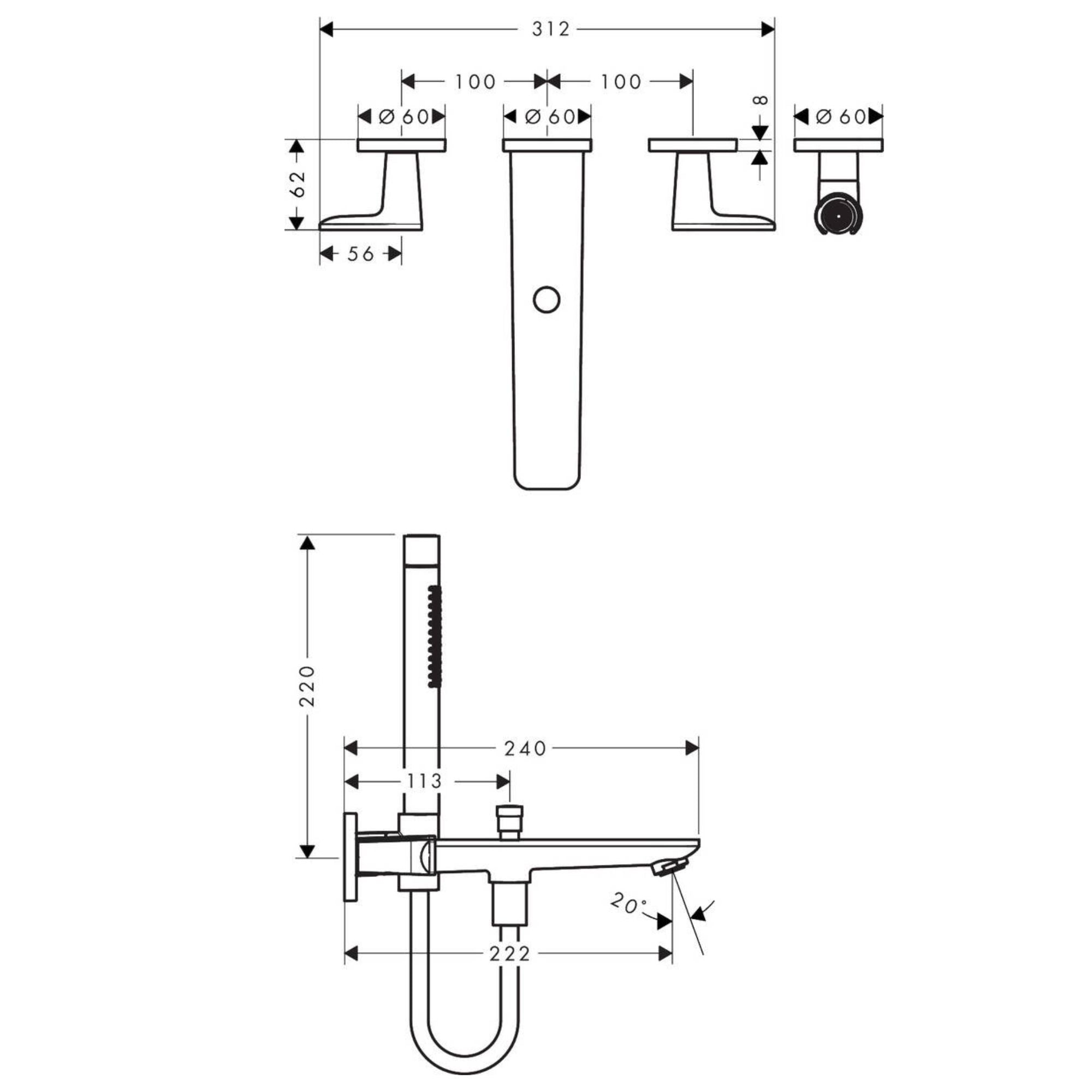 Axor Citterio C Wall Mounted 3 Hole Bath Shower Mixer With Handset - Cubic Cut Technical Drawing