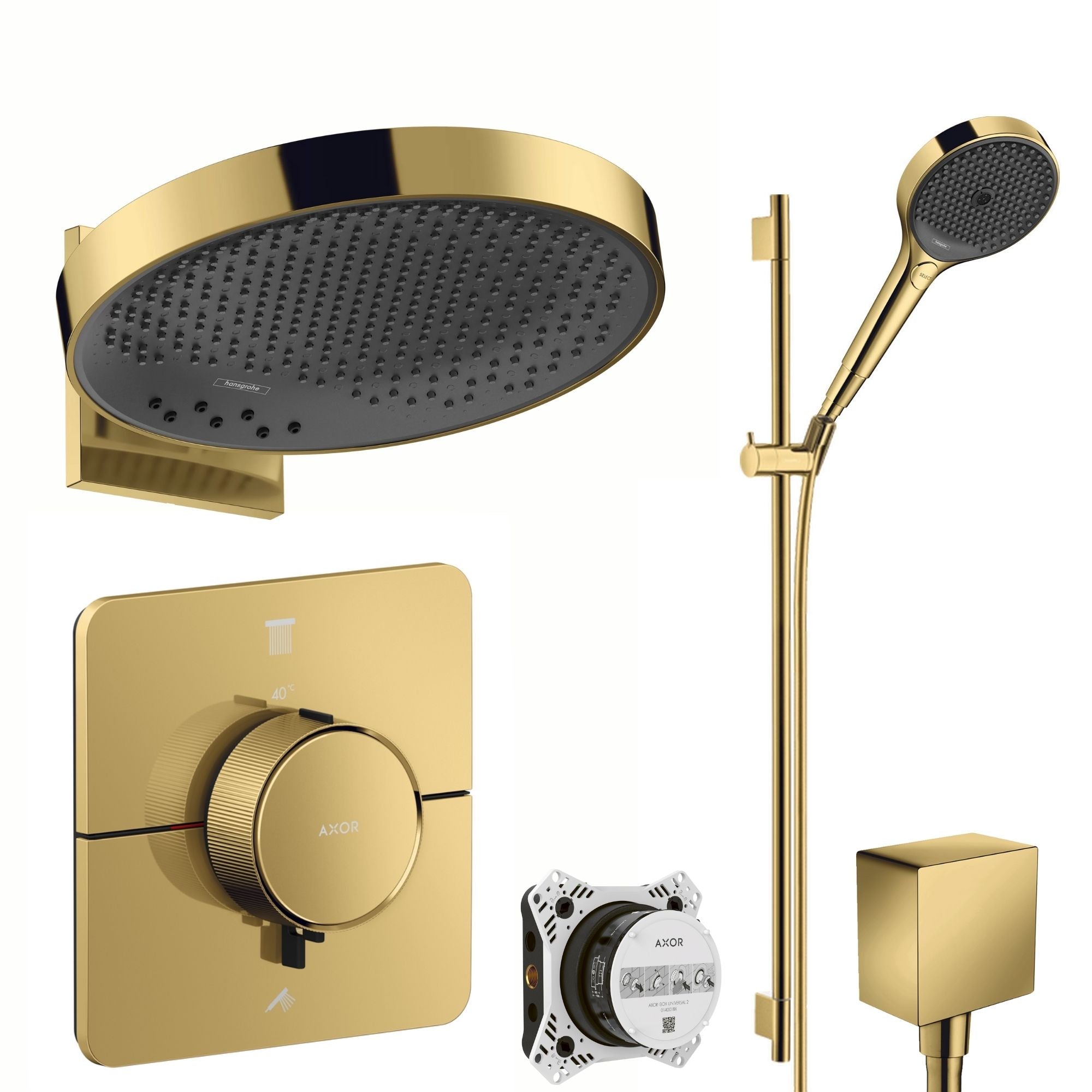 Axor Showerselect ID 2 Outlet Shower Valve with Rainfinity 360 Overhead & Slide Rail Kit Polished Gold Optic