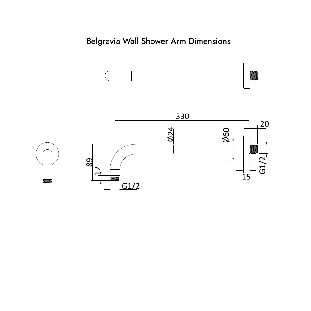 Diagram of the Belgravia Wall Shower Arm dimensions, supplied by Deluxe Bathrooms Ireland.