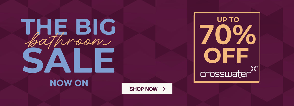 Promotional sale banner with a dark purple geometric background. Large text reads 'THE BIG bathroom SALE NOW ON' in blue and gold, with a white 'SHOP NOW' button.
