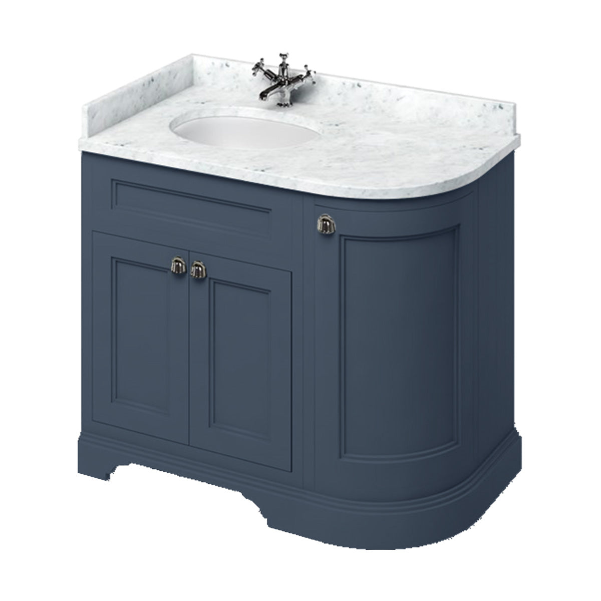 burlington 1000 LH curved freestanding 2 door vanity unit with basin and carrara marble worktop matt blue