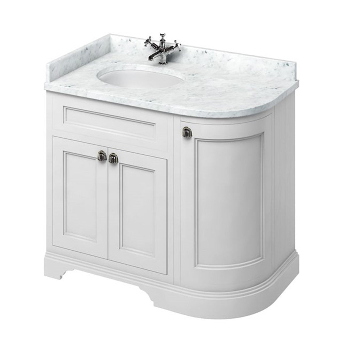 burlington 1000 LH curved freestanding 2 door vanity unit with basin and carrara marble worktop matt white