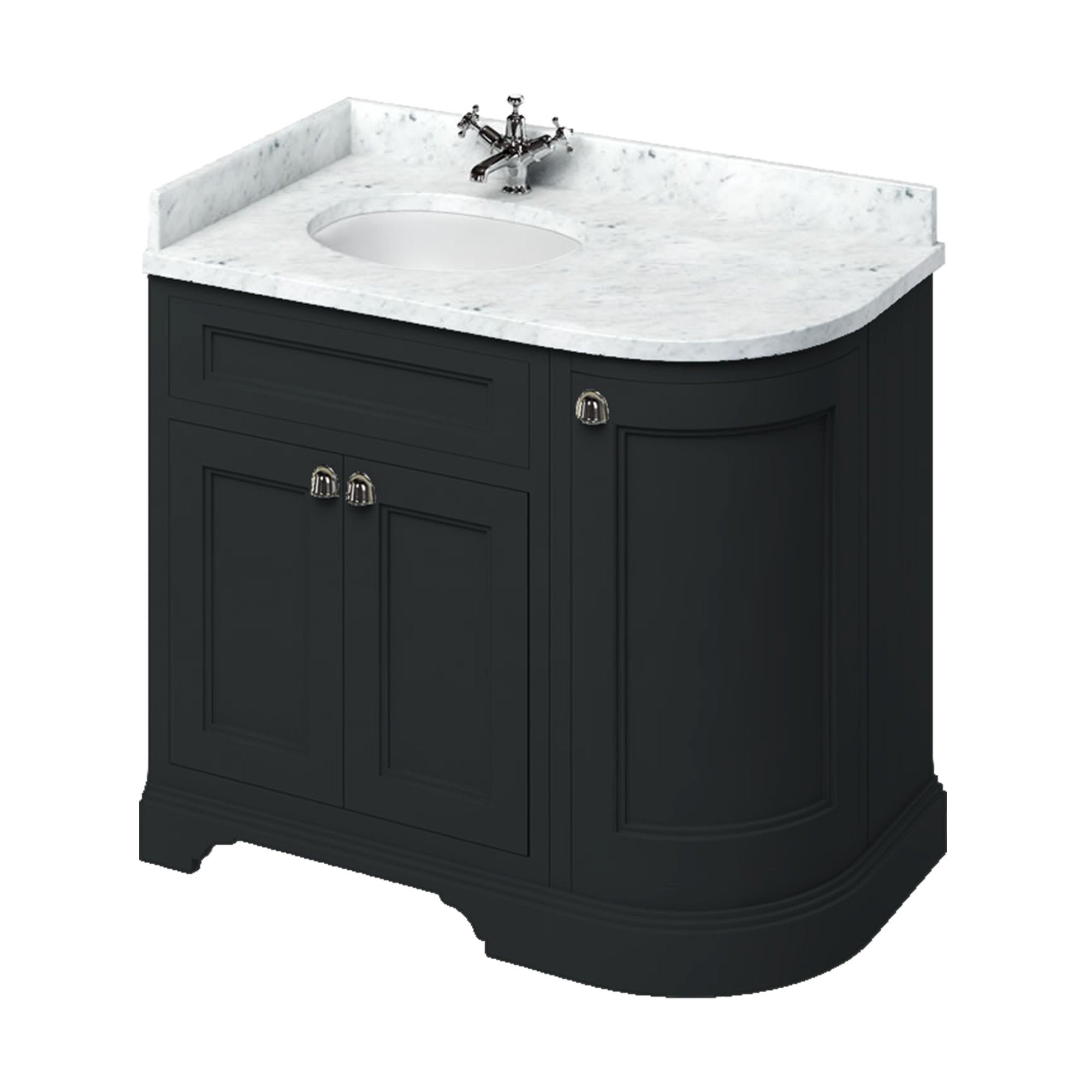 burlington 1000 LH curved freestanding 2 door vanity unit with basin and carrara worktop matt black