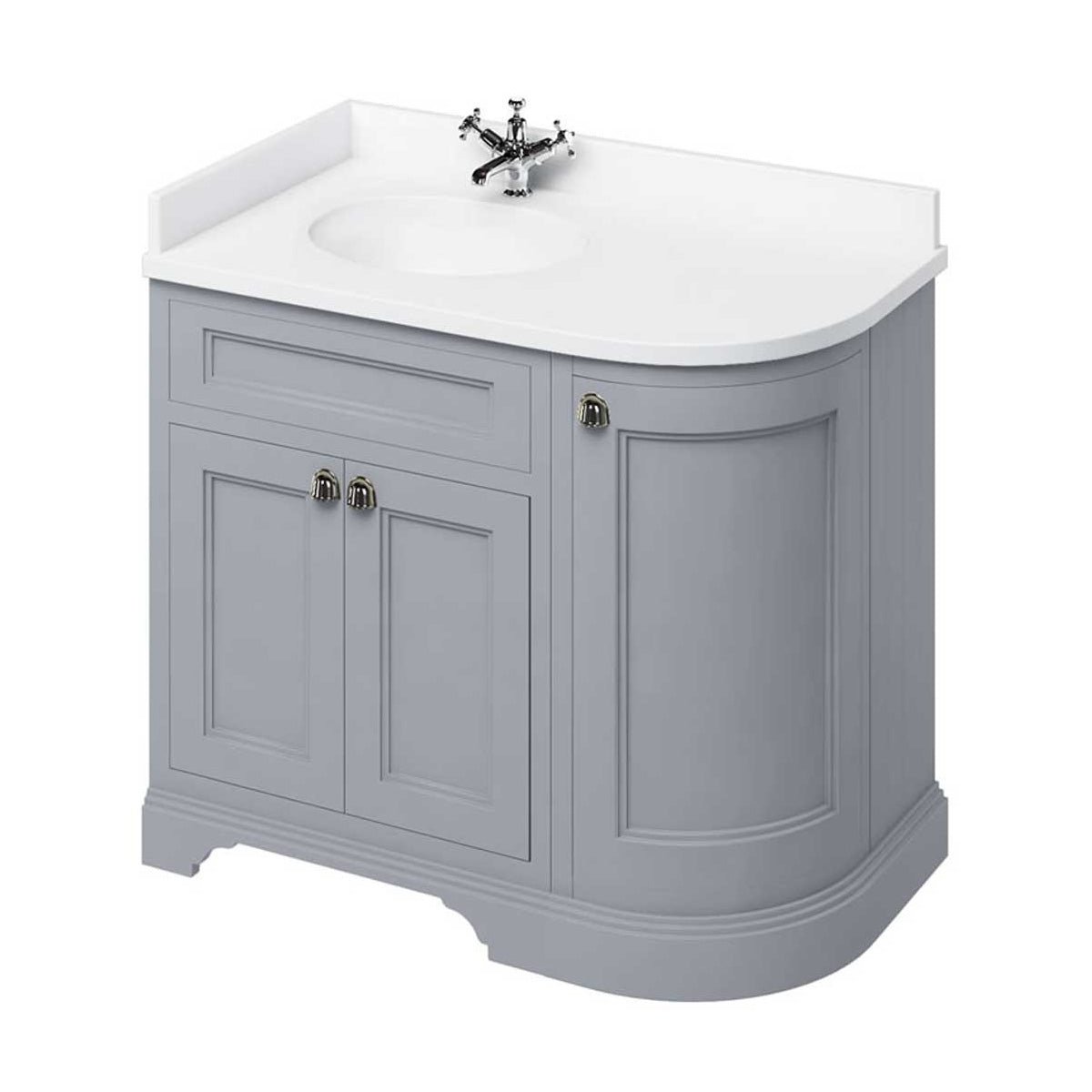 burlington 1000 LH curved freestanding 2 door vanity unit with basin and white worktop classic grey