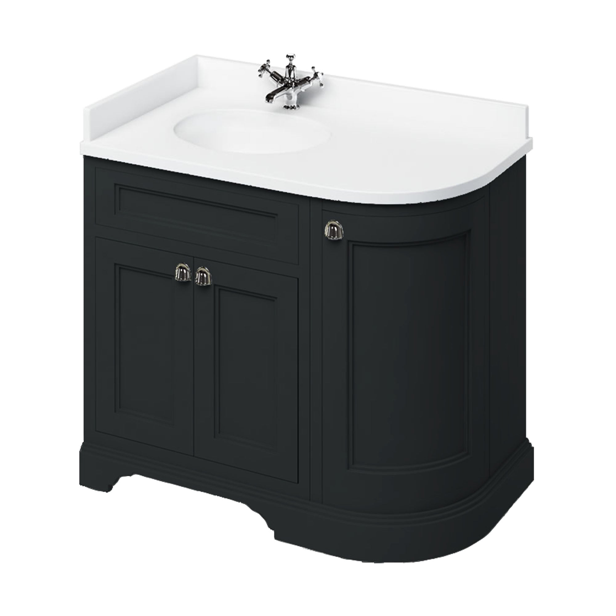 burlington 1000 LH curved freestanding 2 door vanity unit with basin and white worktop matt black