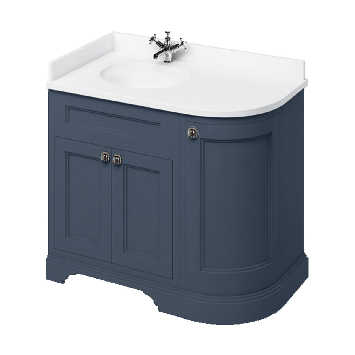 burlington 1000 LH curved freestanding 2 door vanity unit with basin and white worktop lifestyle matt blue