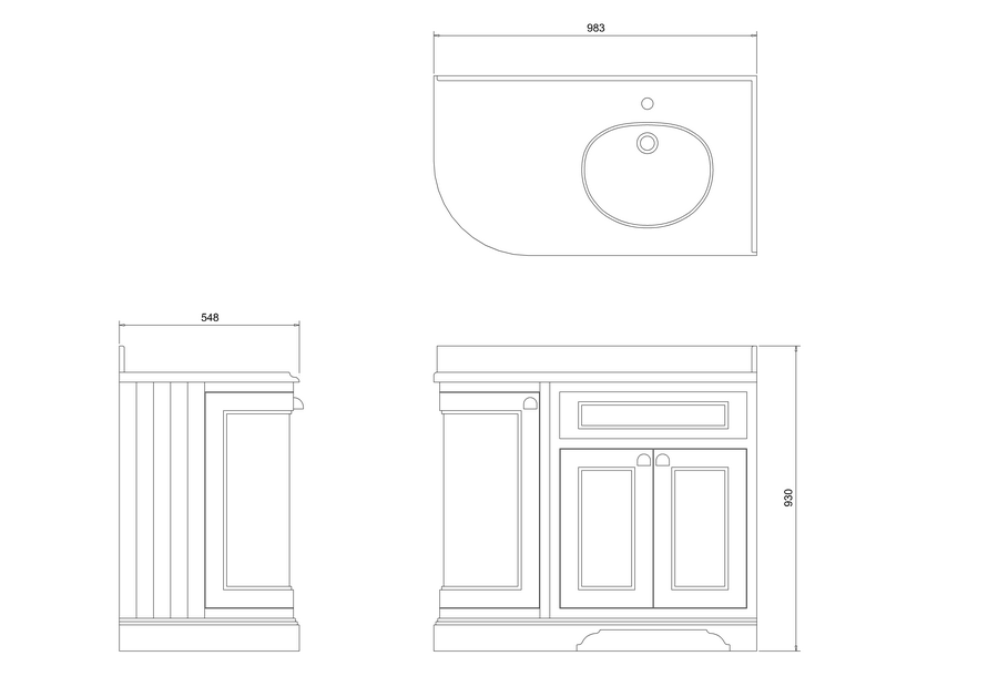 burlington 1000 RH curved corner freestanding 2 door vanity unit dimensions