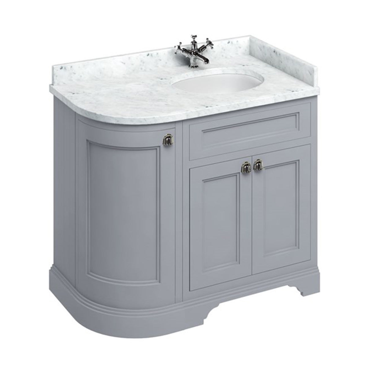 burlington 1000 LH curved freestanding 2 door vanity unit with basin and carrara marble worktop classic grey