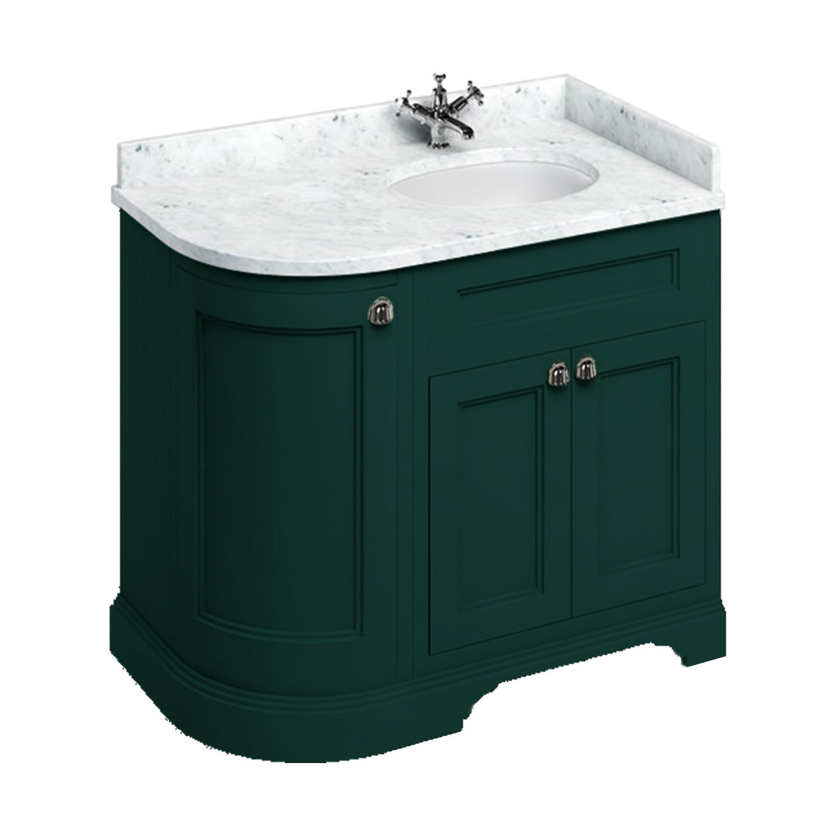 burlington 1000 RH curved freestanding 2 door vanity unit with basin and carrara marble worktop matt green