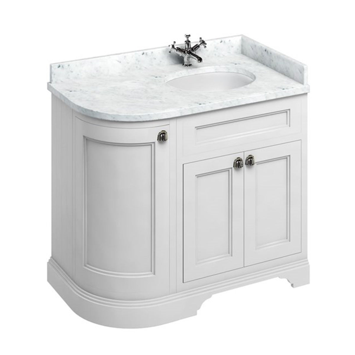 burlington 1000 RH curved freestanding 2 door vanity unit with basin and carrara marble worktop matt white