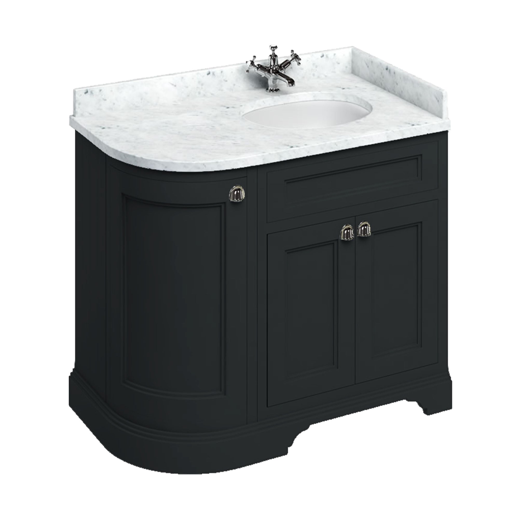 burlington 1000 RH curved freestanding 2 door vanity unit with basin and carrara worktop matt black