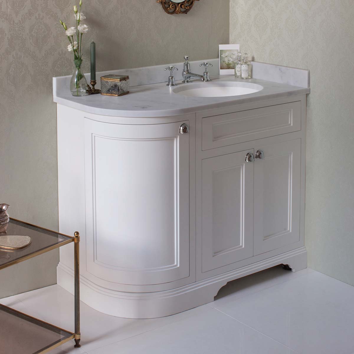 burlington 1000 RH curved freestanding 2 door vanity unit with basin and white worktop lifestyle matt white