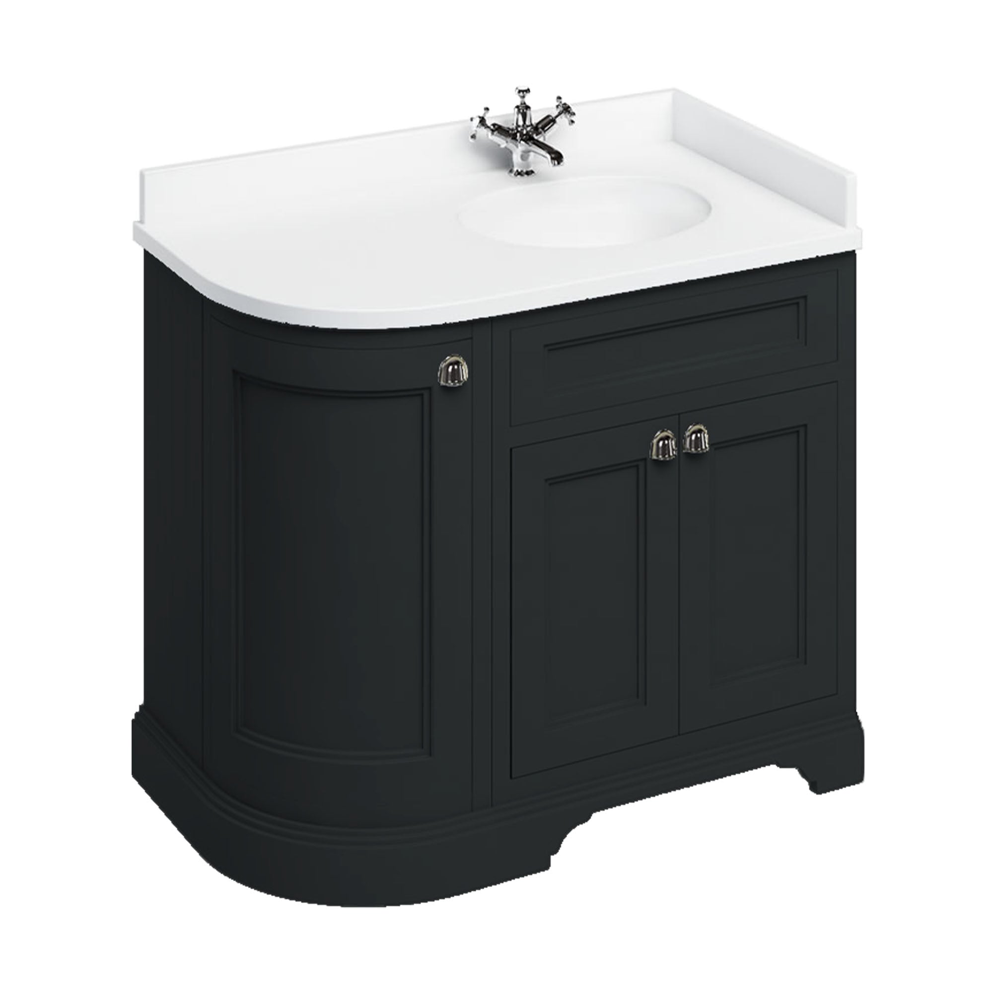 burlington 1000 RH curved freestanding 2 door vanity unit with basin and white worktop matt black