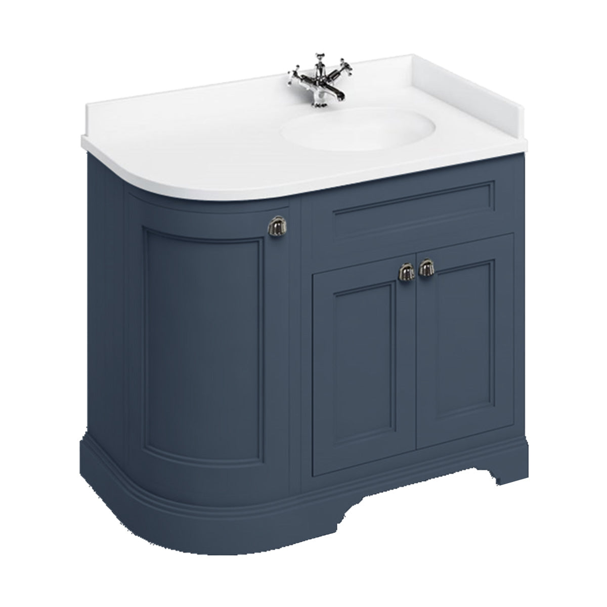 burlington 1000 RH curved freestanding 2 door vanity unit with basin and white worktop lifestyle matt blue