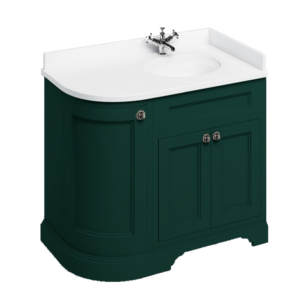 burlington 1000 RH curved freestanding 2 door vanity unit with basin and white worktop matt green