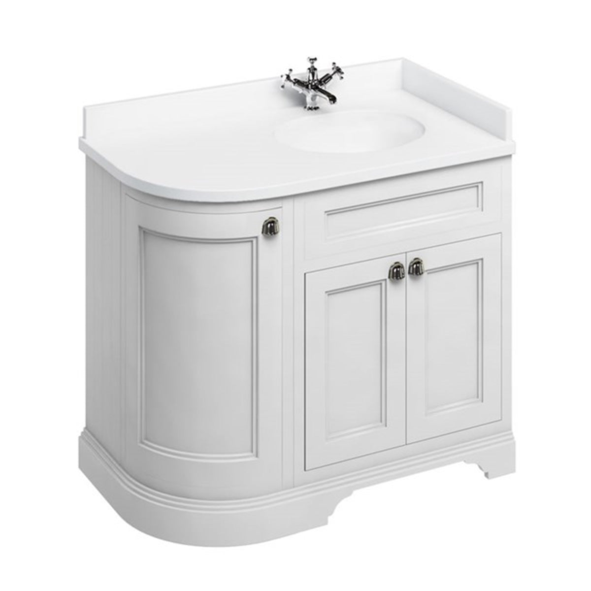 burlington 1000 RH curved freestanding 2 door vanity unit with basin and white worktop matt white