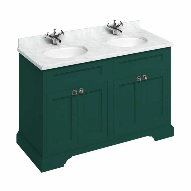 burlington 1300 freestanding 4 door vanity unit with carrara marble worktop and double bowl matt green