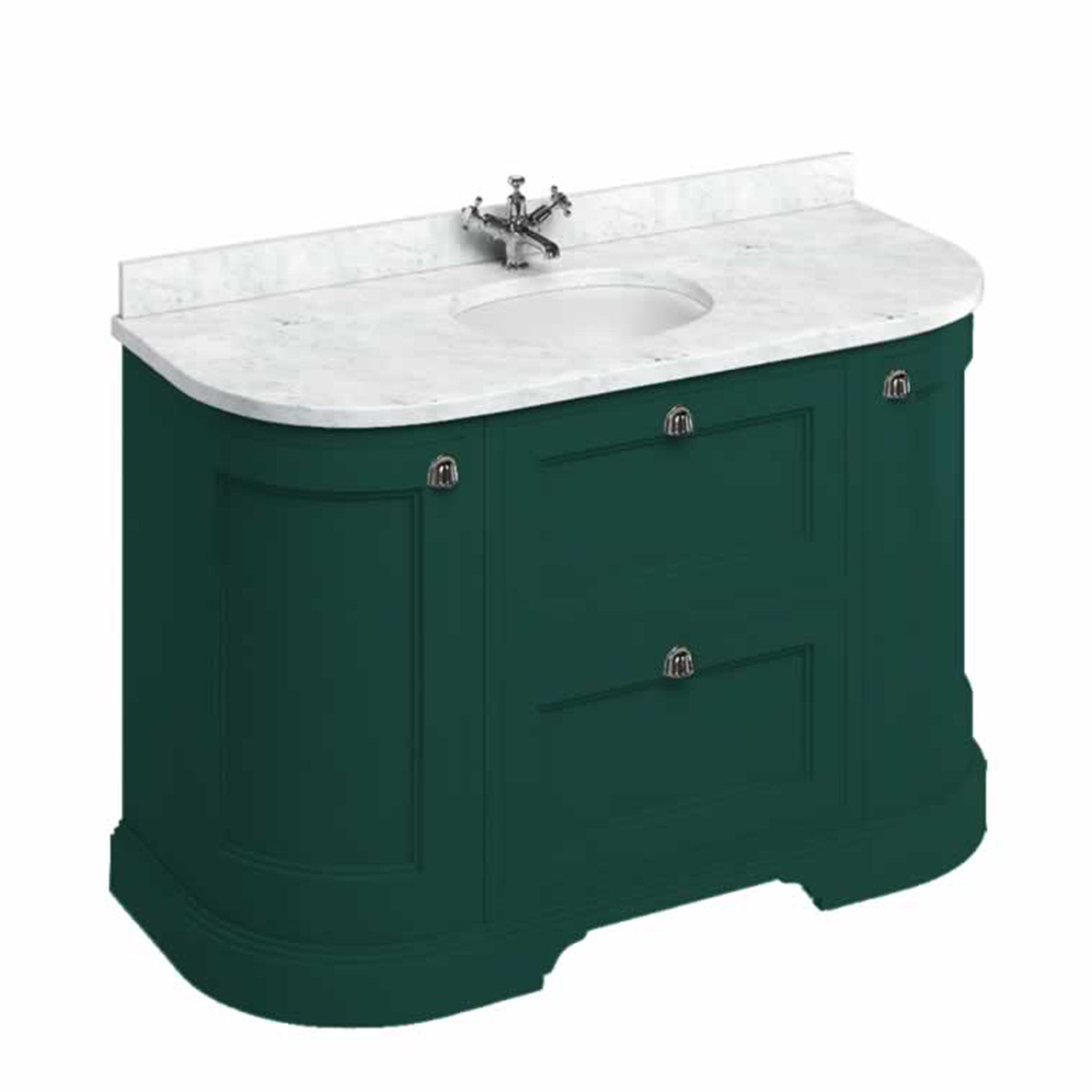 burlington 1340 freestanding 2 drawer curved vanity unit with carrara marble worktop and basin matt green