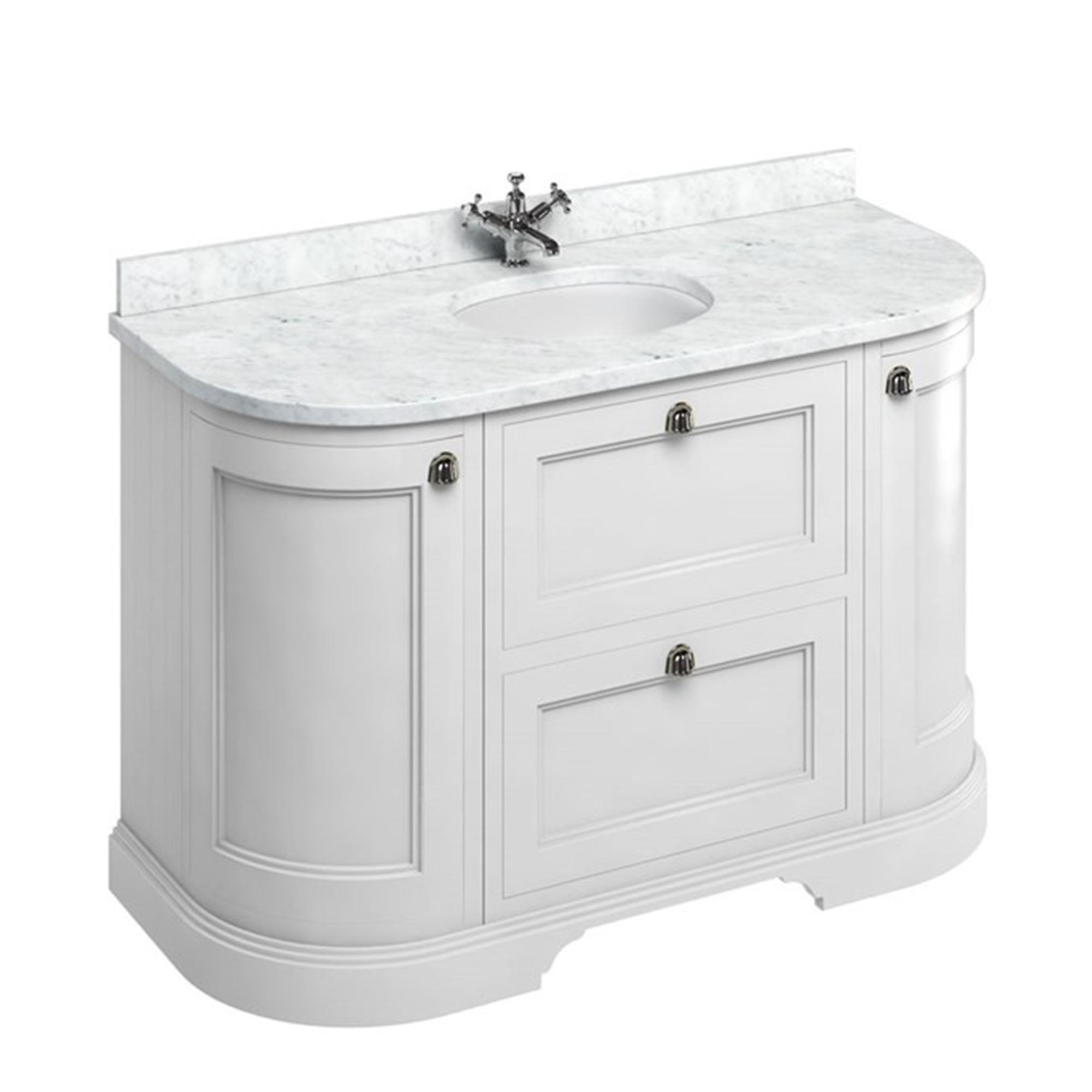 burlington 1340 freestanding 2 drawer curved vanity unit with carrara marble worktop and basin matt white