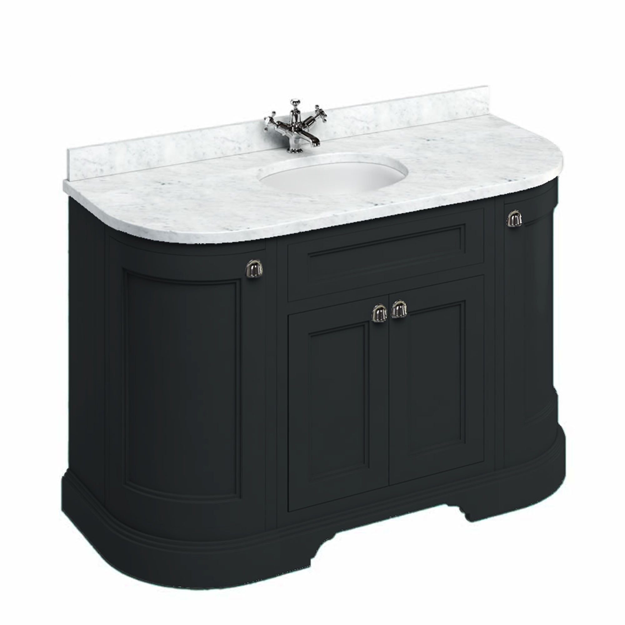 burlington 1340 freestanding 4 door curved vanity unit with carrara marble worktop and basin matt black