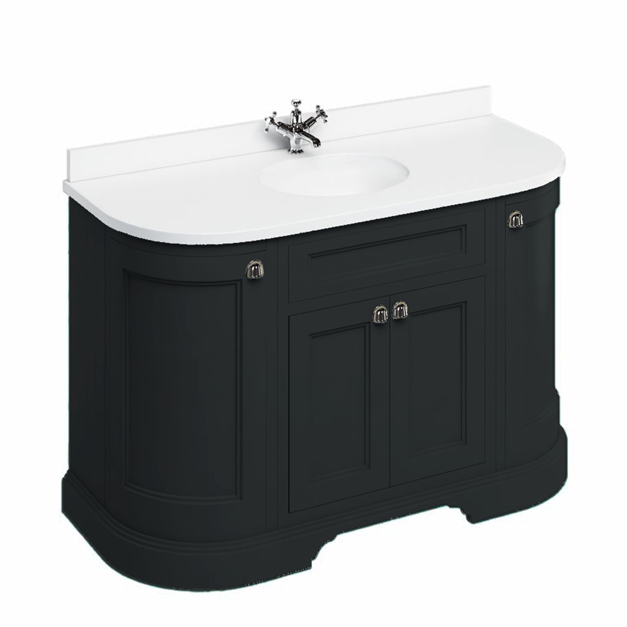 burlington 1340 freestanding 4 door curved vanity unit with plain white worktop and basin matt black