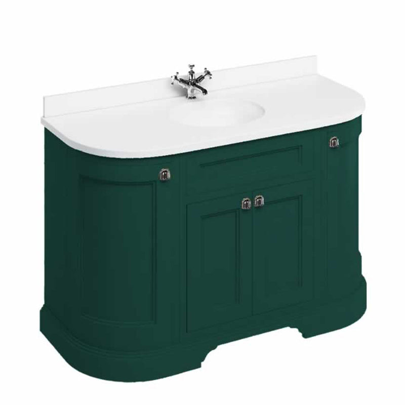 burlington 1340 freestanding 4 door curved vanity unit with plain white worktop and basin matt green