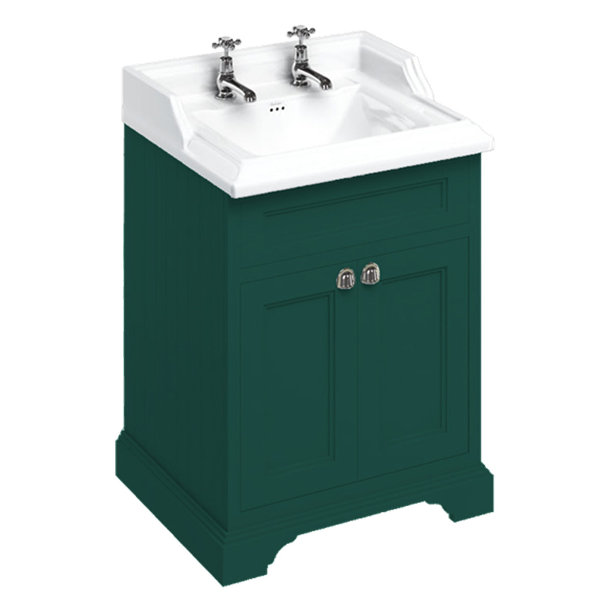 burlington 650 freestanding 2 door vanity unit with classic basin 2th matt green