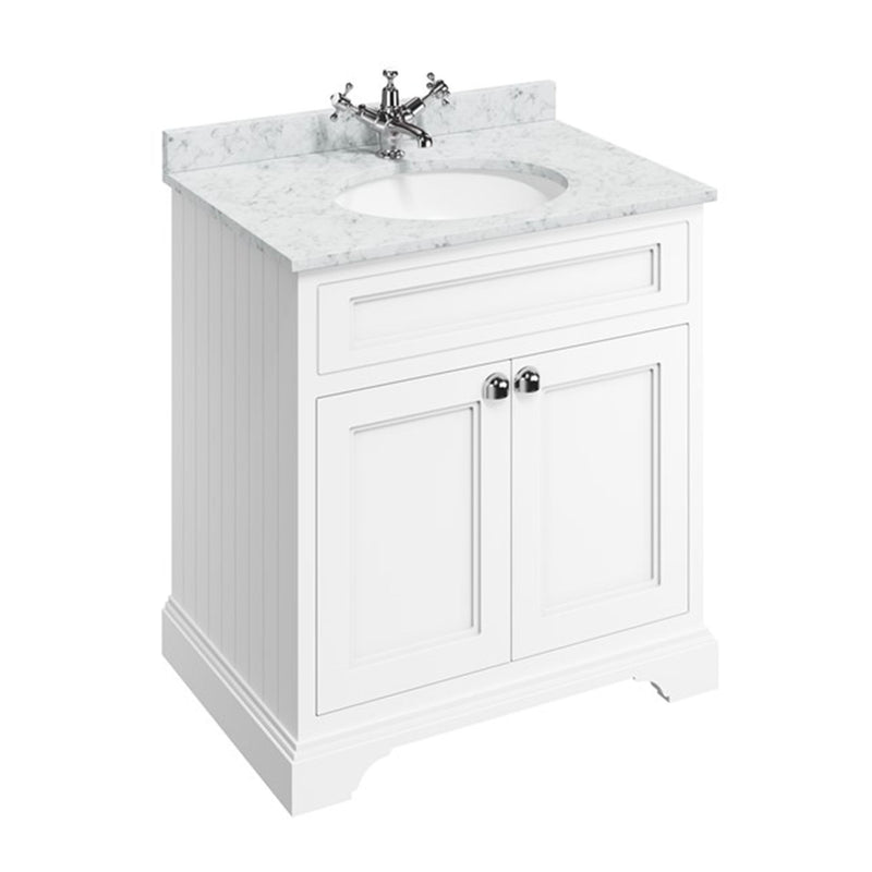 burlington 750 freestanding 2 door vanity unit with basin and carrara marble worktop matt white