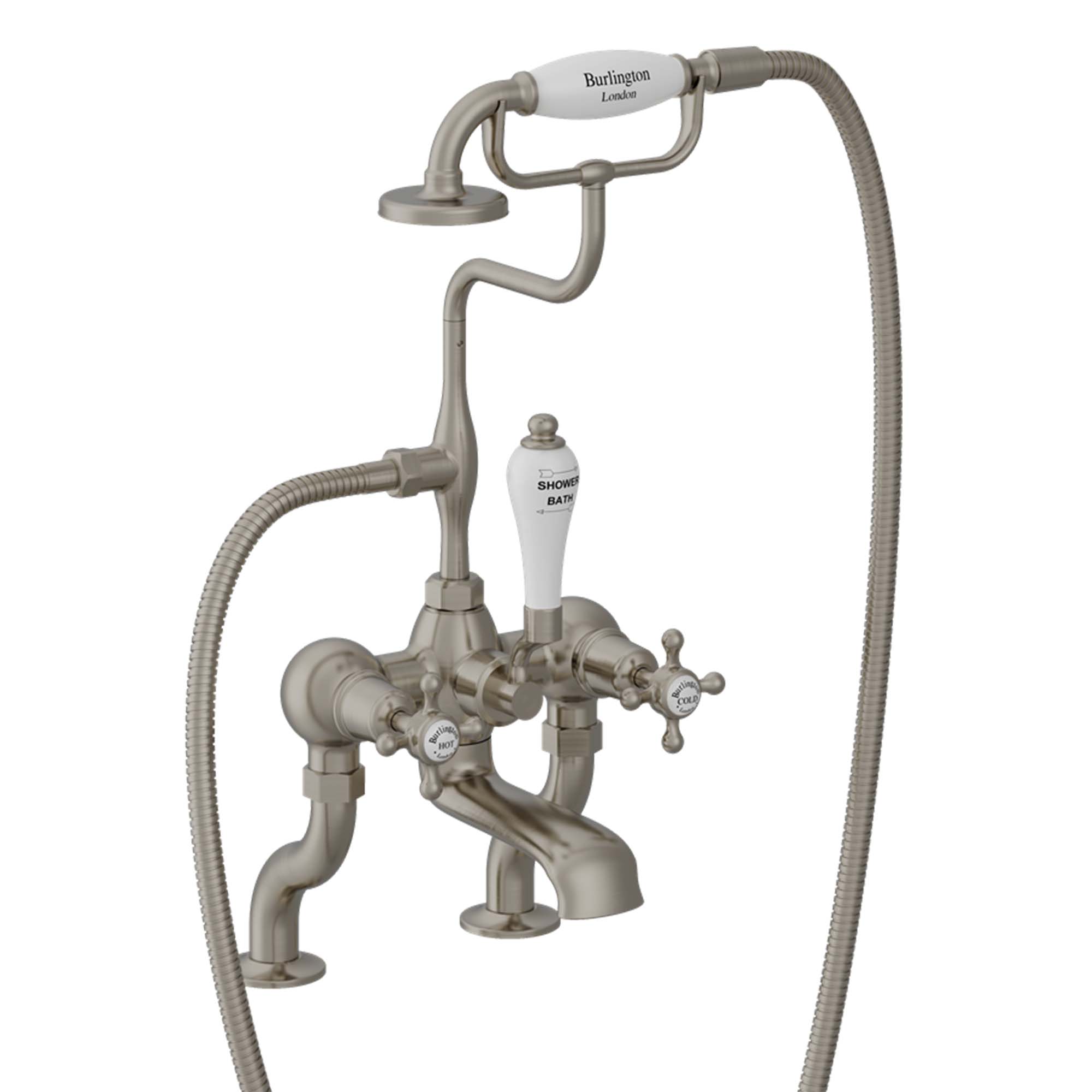 burlington claremont deck mounted bath shower mixer with s adjuster brushed nickel