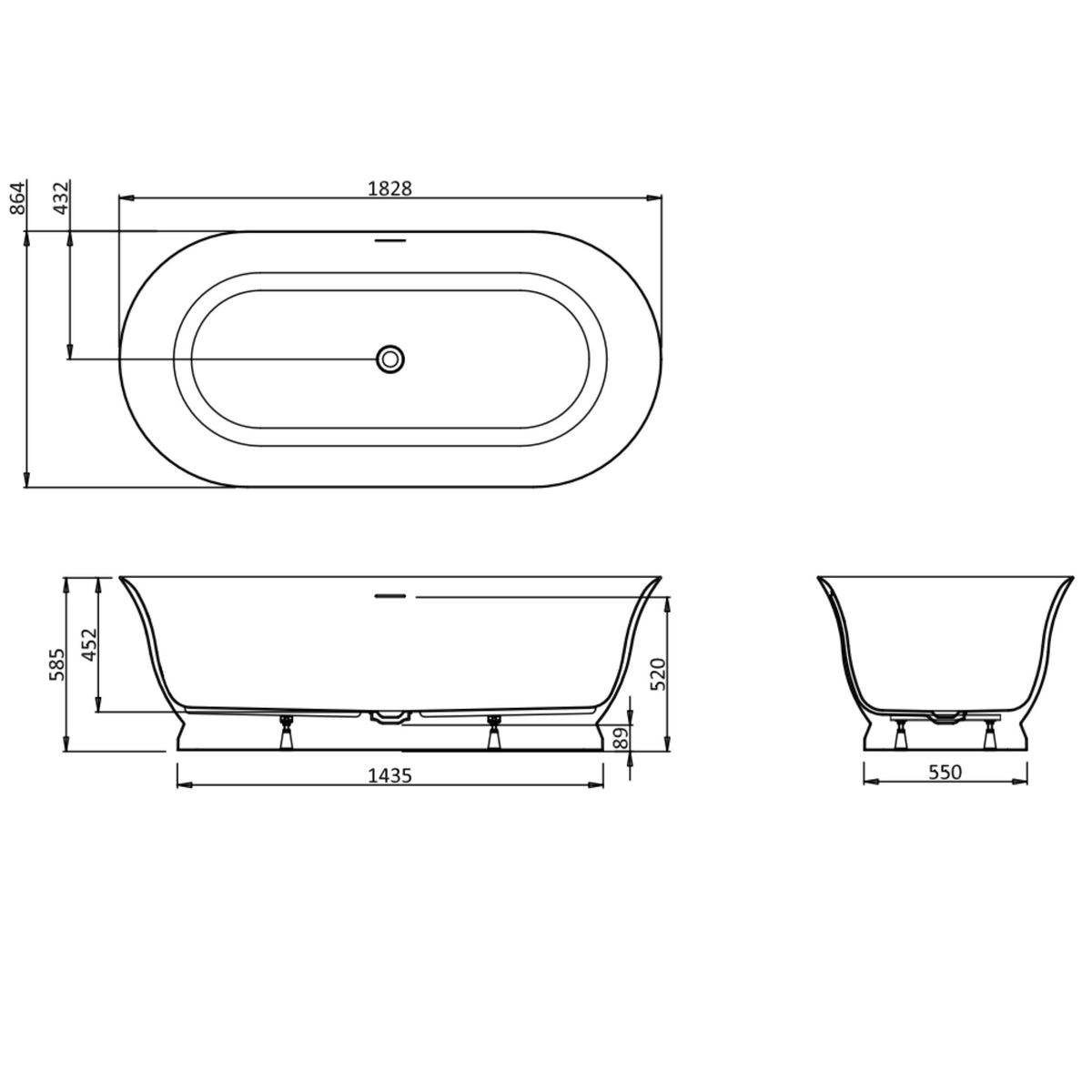 Dimensions diagram of the Burlington Florenza 1830 Double-Ended Freestanding Acrylic Bath.