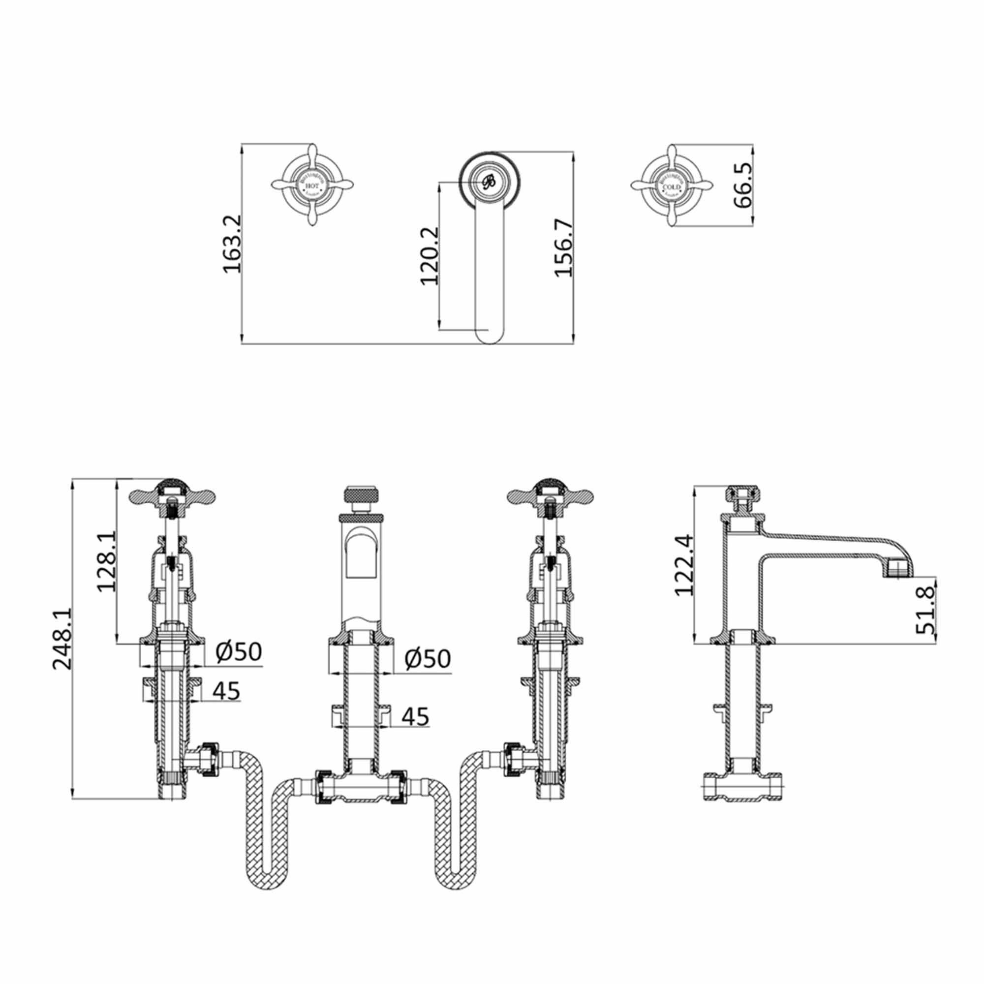 burlington guild 3 hole wall mounted basin mixer tap dimensions