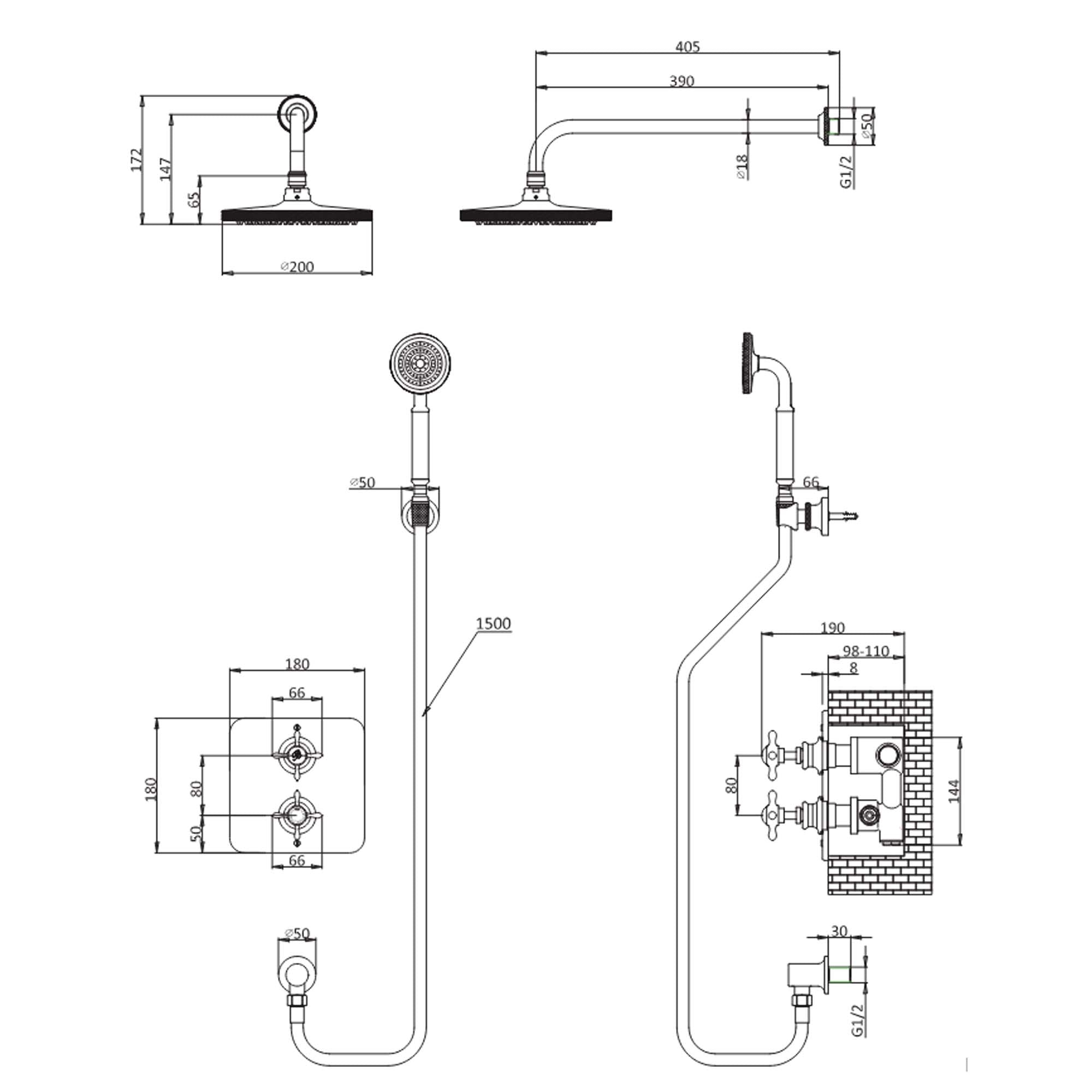 burlington guild thermostatic shower valve with fixed overhead and handset dimensions