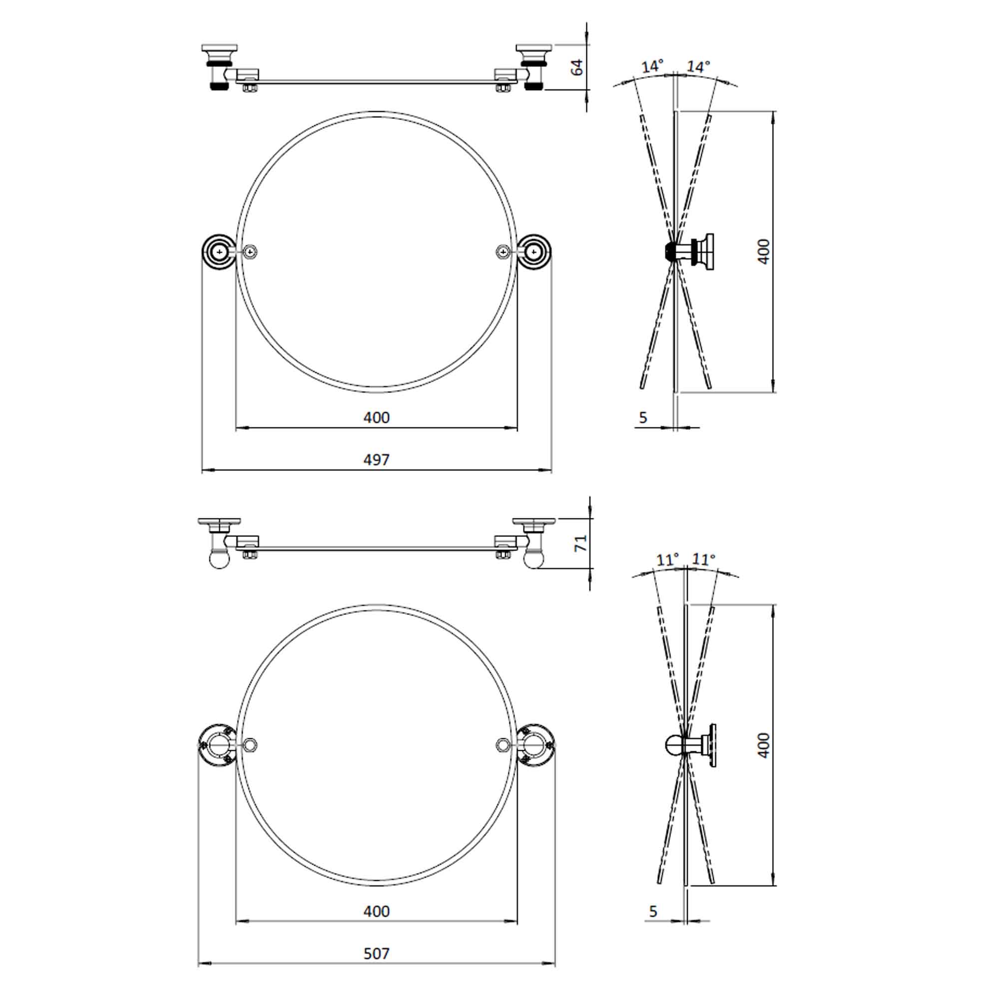 burlington round hinged mirror 400mm with 1850 fixings dimensions