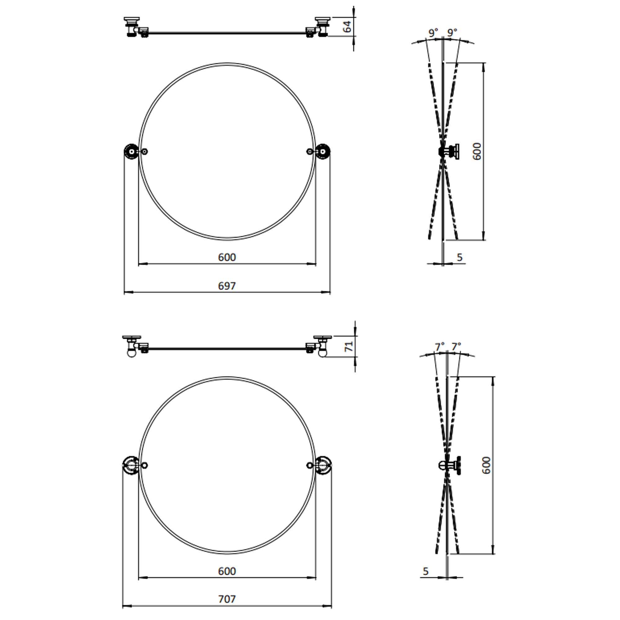 burlington round hinged mirror 600mm with 1850 fixings dimensions