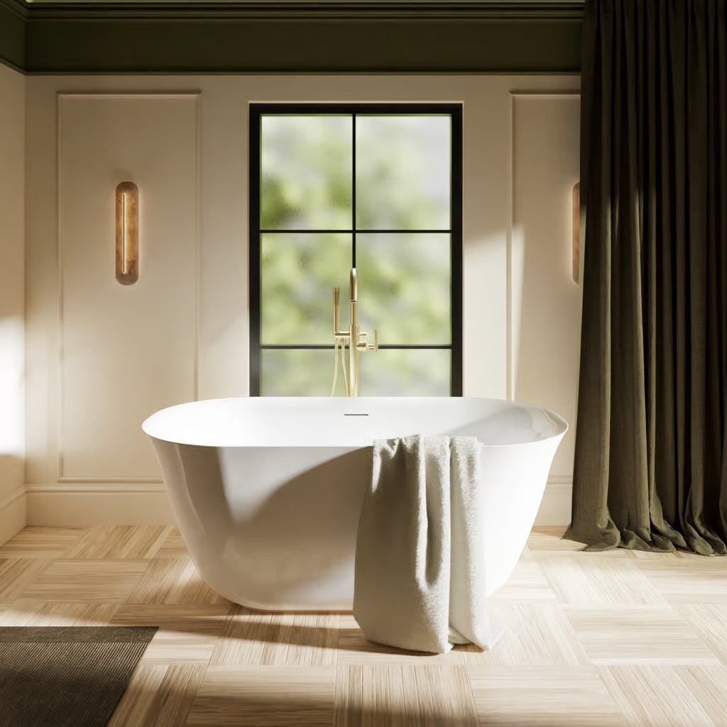 Burlington Strand Freestanding White Acrylic 1496mm length bath, supplied by Deluxe Bathrooms. 