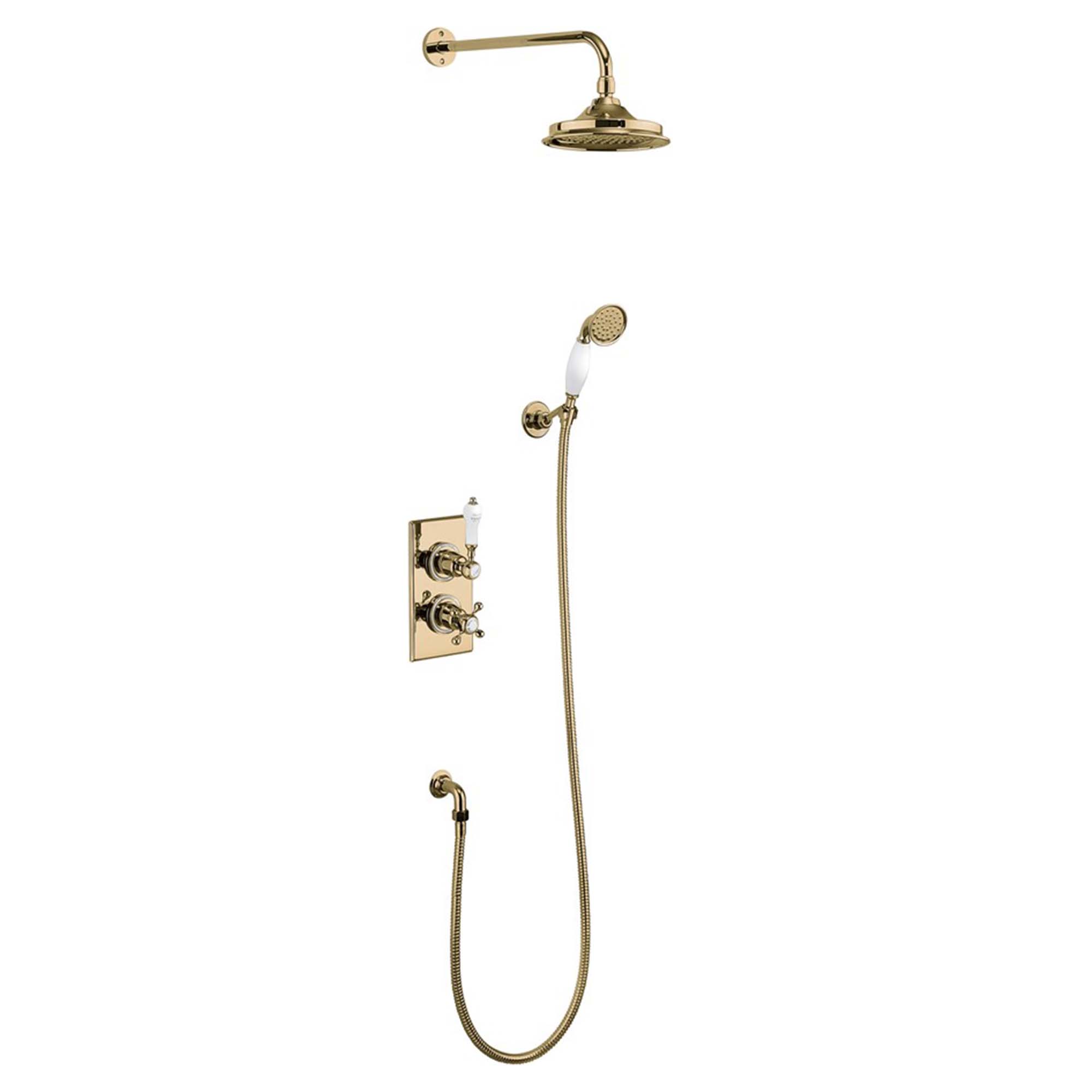 burlington trent dual outlet shower valve with shower handset and overhead gold