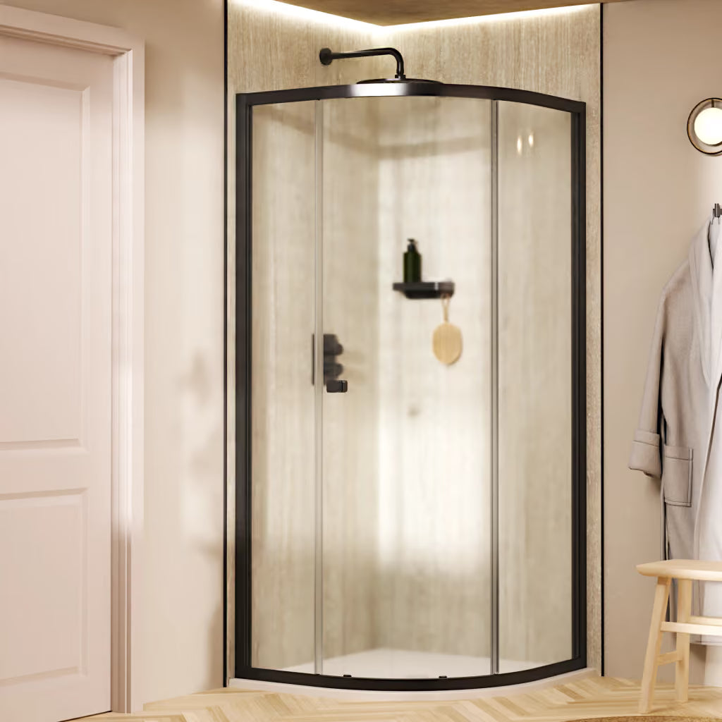 Crosswater Clear 6 quadrant shower enclosure with slate finished frame and clear glass panels, supplied by Deluxe Bathrooms.