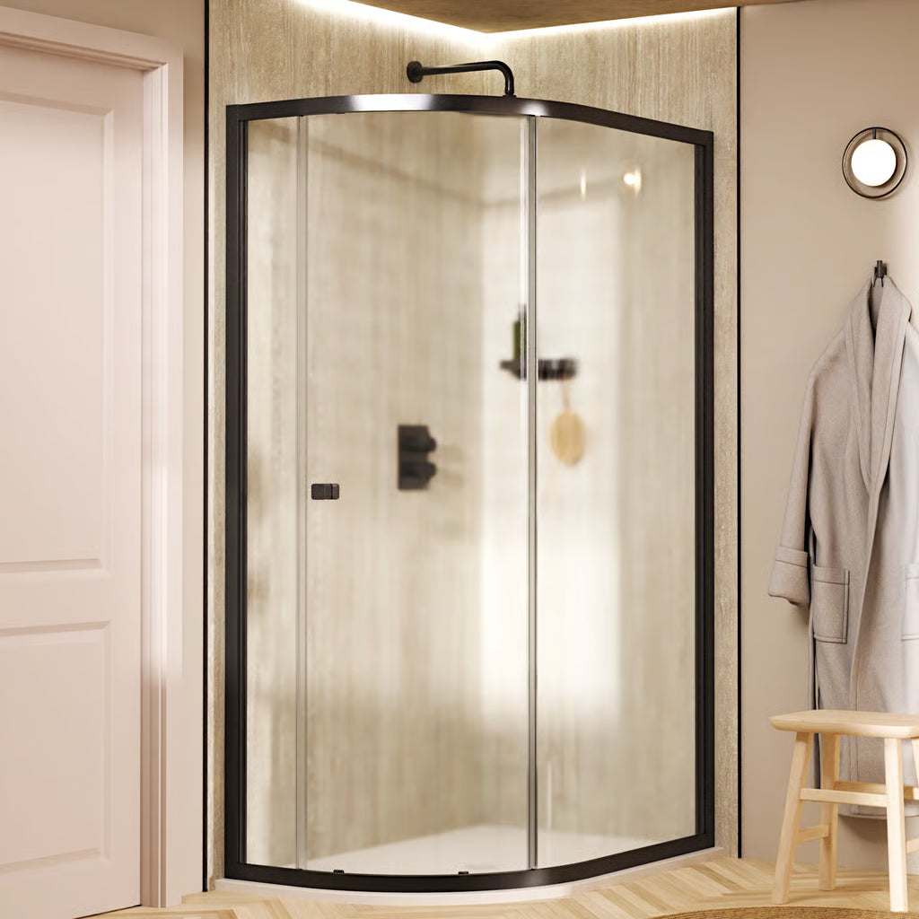 Crosswater Clear 6 quadrant shower enclosure with slate finished frame and clear glass panels, supplied by Deluxe Bathrooms.