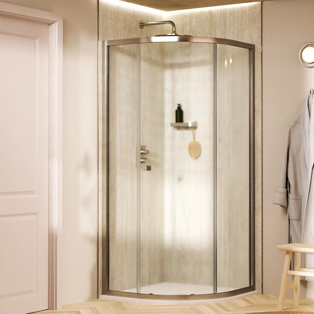 Crosswater Clear 6 shower enclosure with brushed nickel finished frame and clear glass panels, supplied by Deluxe Bathrooms.
