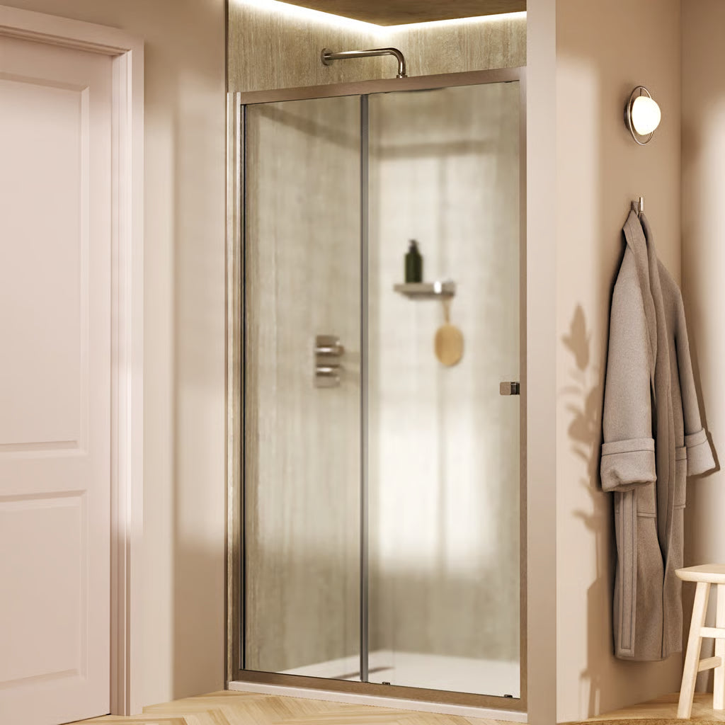 Crosswater Clear 6 slide shower door in brushed nickel finish, supplied by Deluxe Bathrooms.