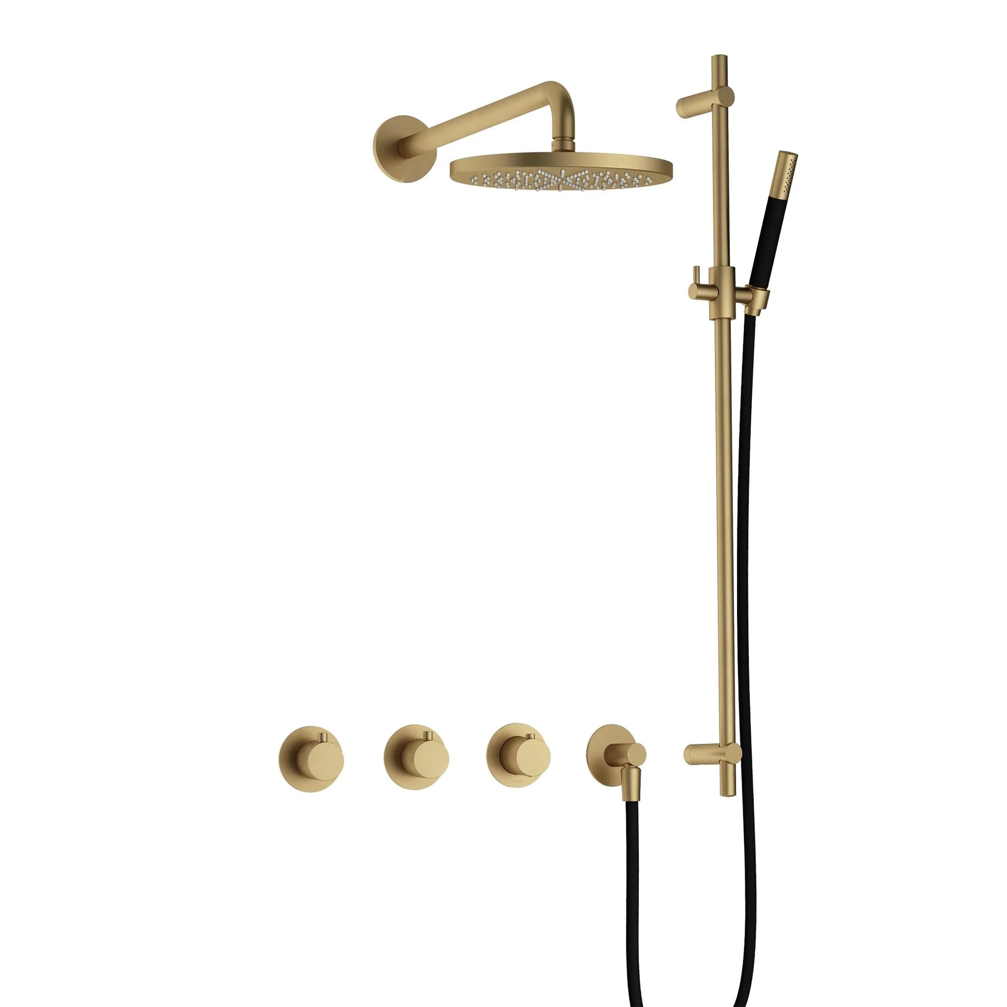 cobber 2 outlet thermostatic shower valve with slide rail handset and fixed overhead brushed brass