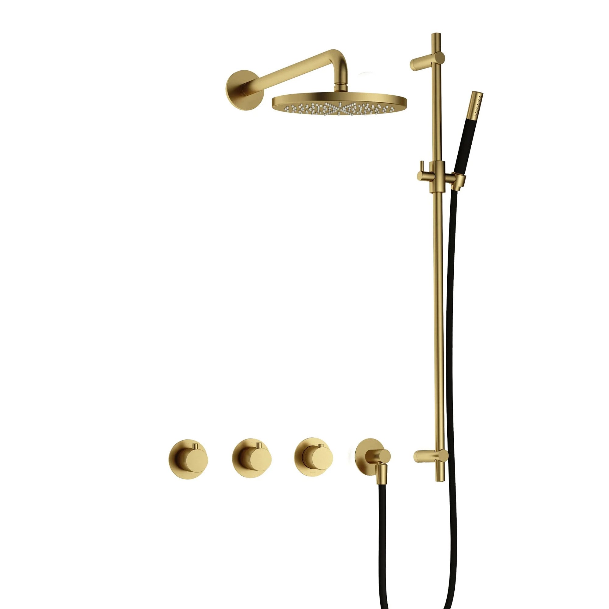 cobber 2 outlet thermostatic shower valve with slide rail handset and fixed overhead brushed brass pvd