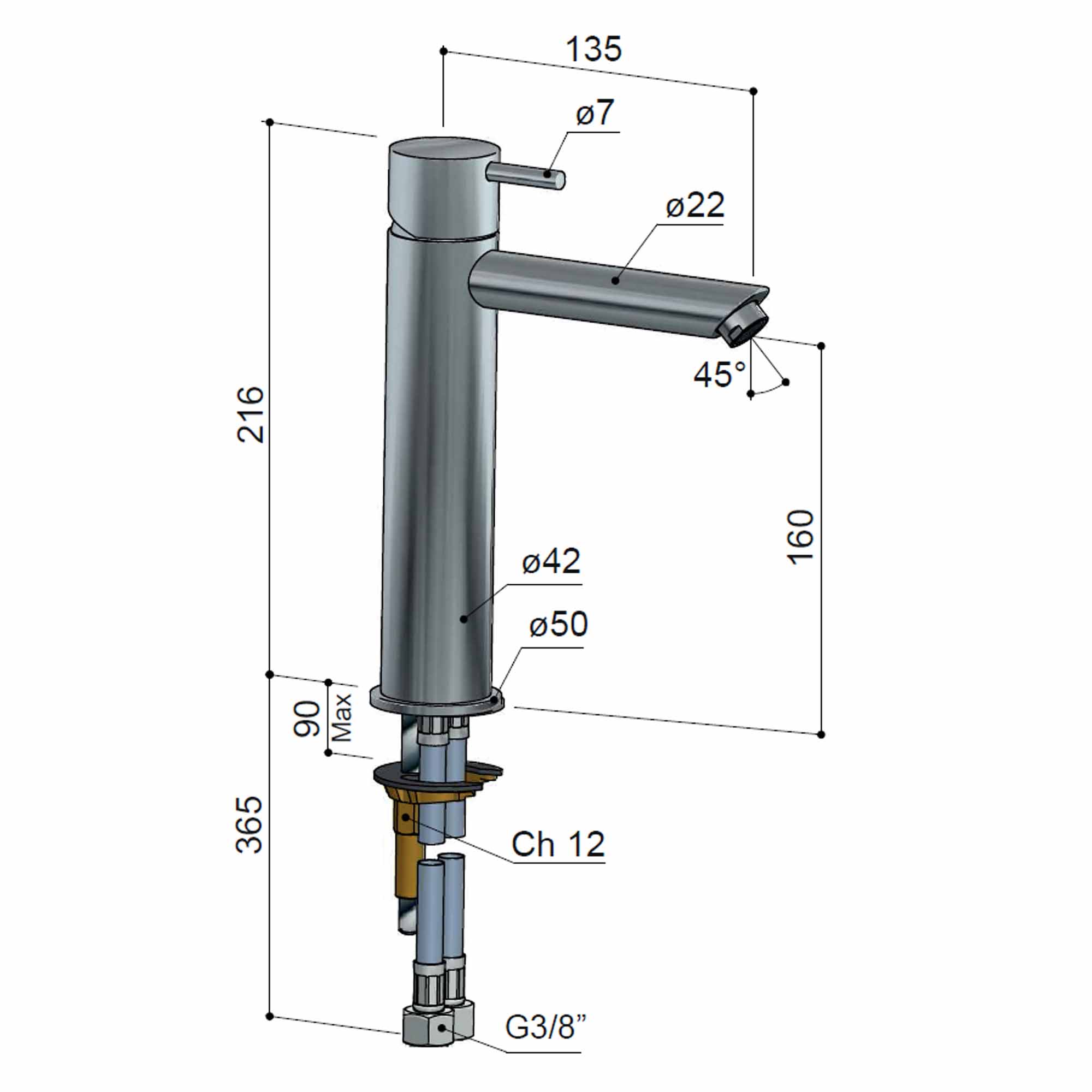 cobber 216mm basin mixer tap monobloc straight spout dimensions