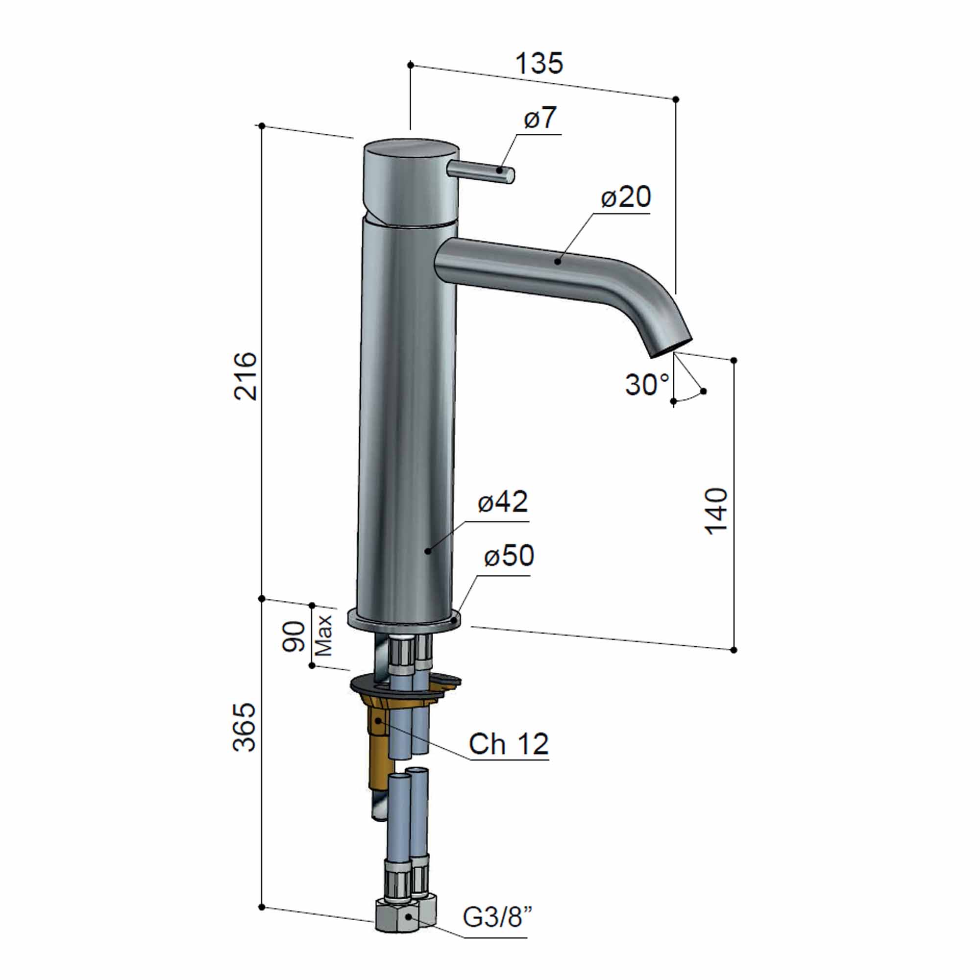 cobber 216mm tall basin mixer tap monobloc curved spout dimensions