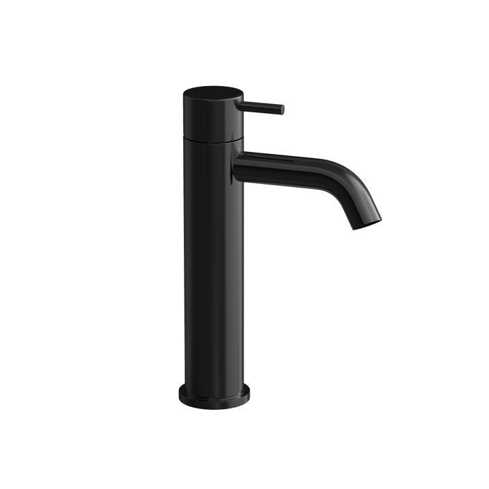 cobber 216mm tall basin mixer tap monobloc curved spout polished black pvd