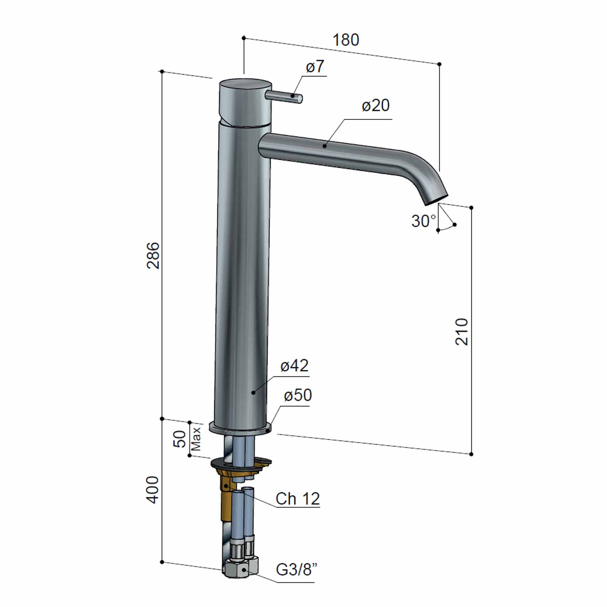 cobber 286mm tall basin-mixer tap monobloc curved spout dimensions