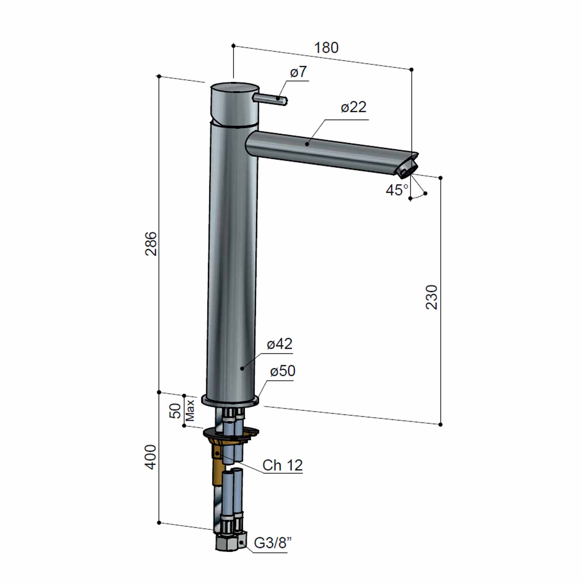 cobber 286mm tall basin mixer tap monobloc straight spout dimensions