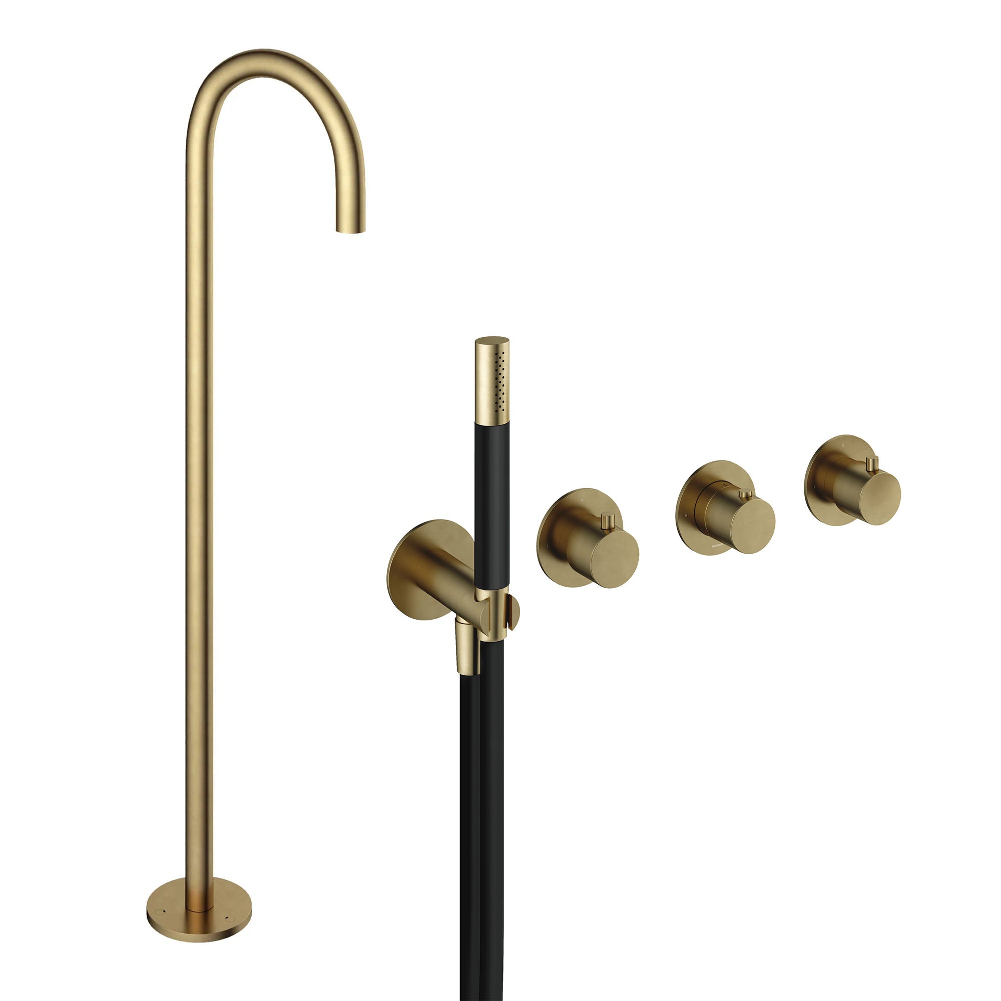 cobber 4 hole wall mounted shower handset with floorstanding bath spout brushed brass